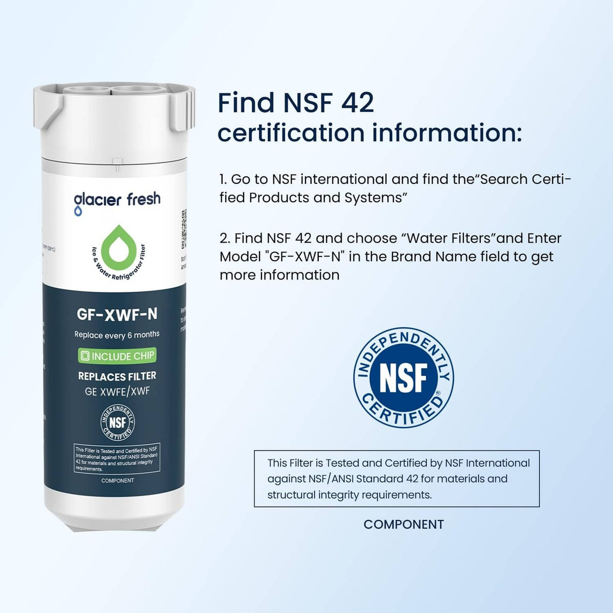 Refrigerator water filter cartridge, glacier fresh white and dark blue with NSF label