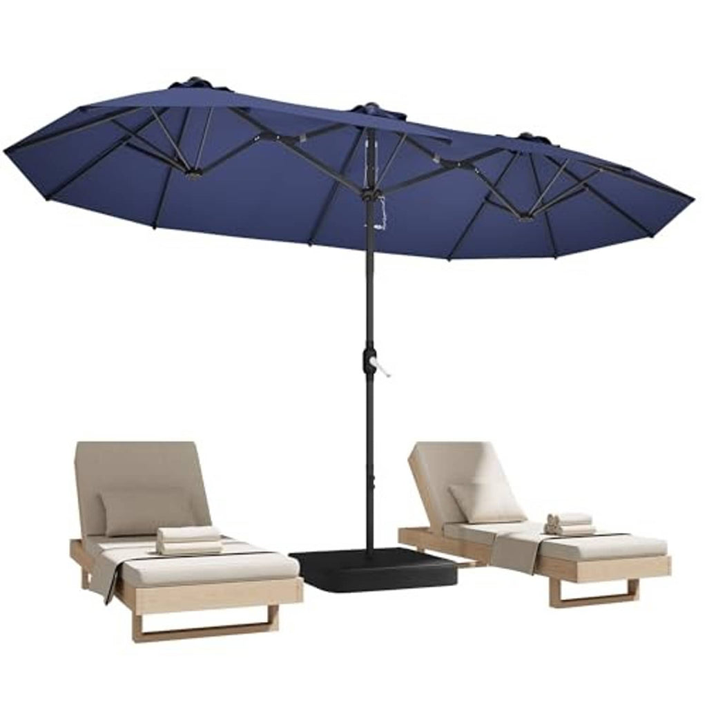 Large navy double-sided patio umbrella with crank pole and dark frame, with base