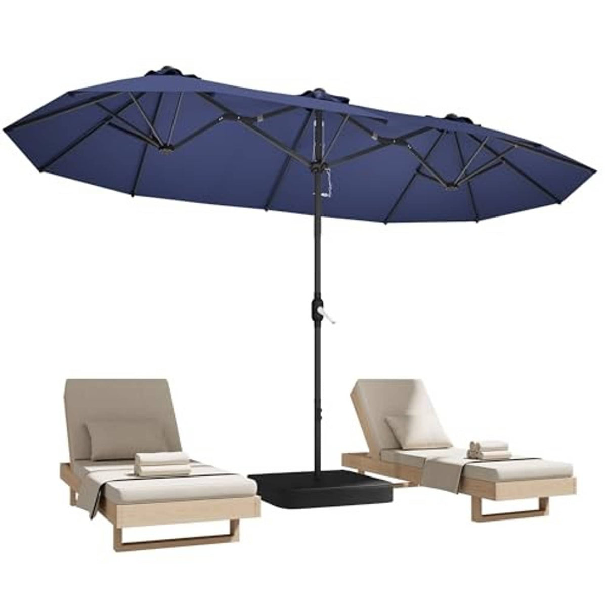 Large navy double-sided patio umbrella with crank pole and dark frame, with base