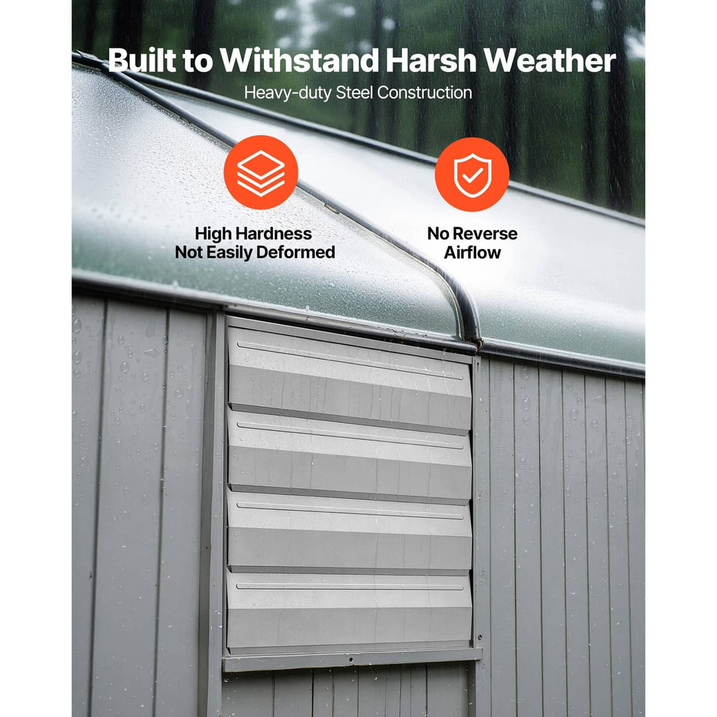 Weather-resistant wall-mounted exhaust fan with louvered steel housing, silver