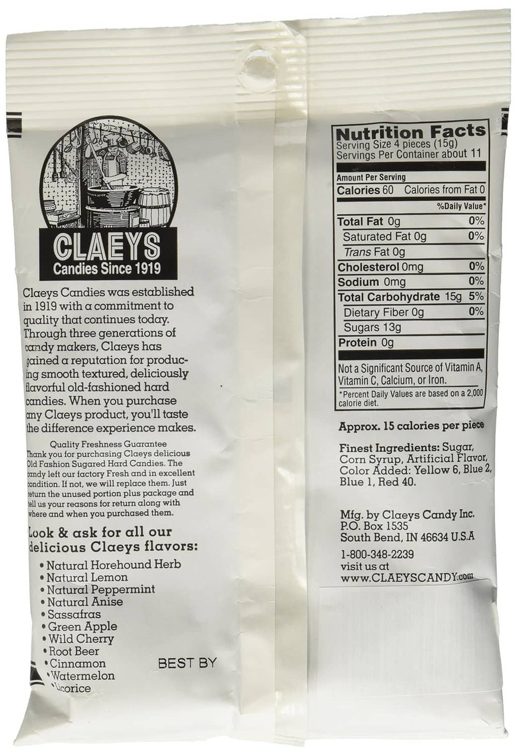 Claeys licorice hard candy pouch back with nutrition facts and description