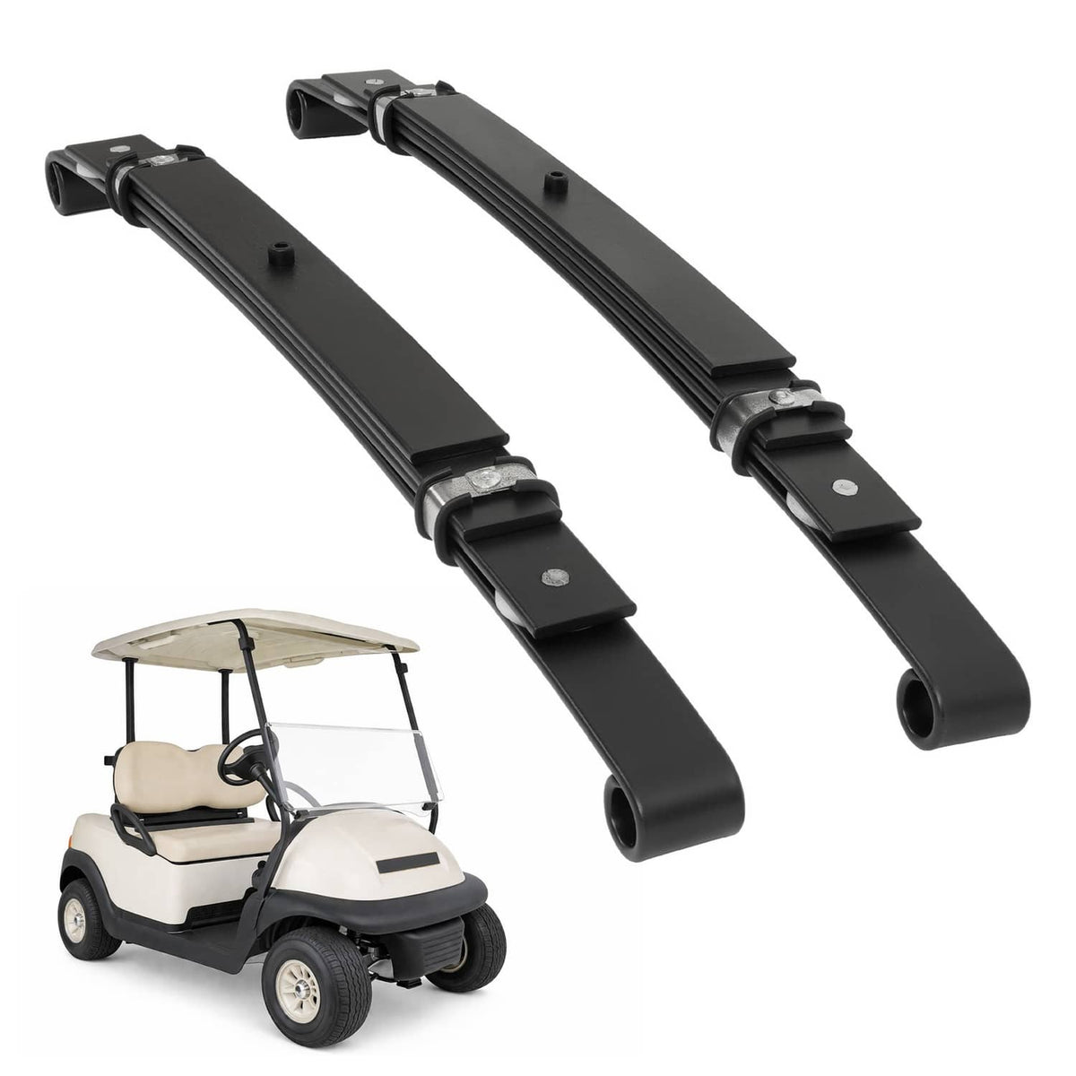 Two black rear leaf springs positioned near an electric golf cart for size reference