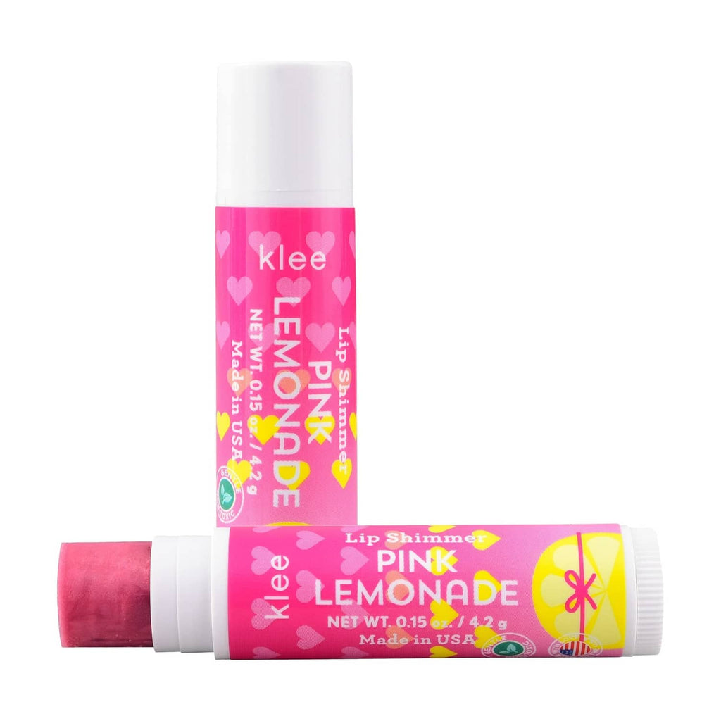 Kids lip shimmer tube and bottle in pink lemonade scent, glossy pink product