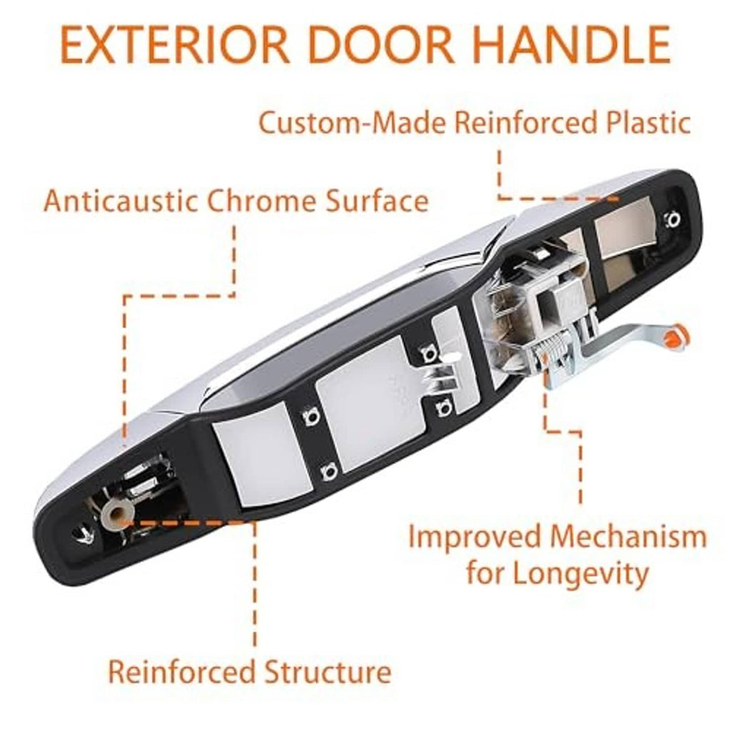 Exterior chrome door handle showing internal mechanism and mounting hardware.