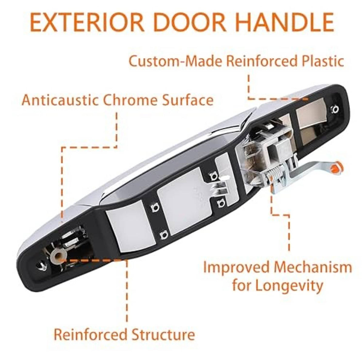Exterior chrome door handle showing internal mechanism and mounting hardware.
