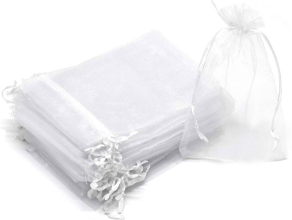 White organza drawstring jewelry gift pouches, set of small mesh bags