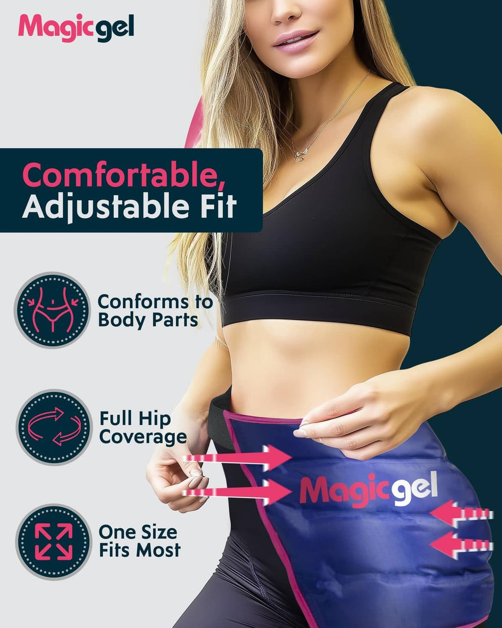 Blue hip ice pack wrap with pink trim, adjustable fit on waist and hip