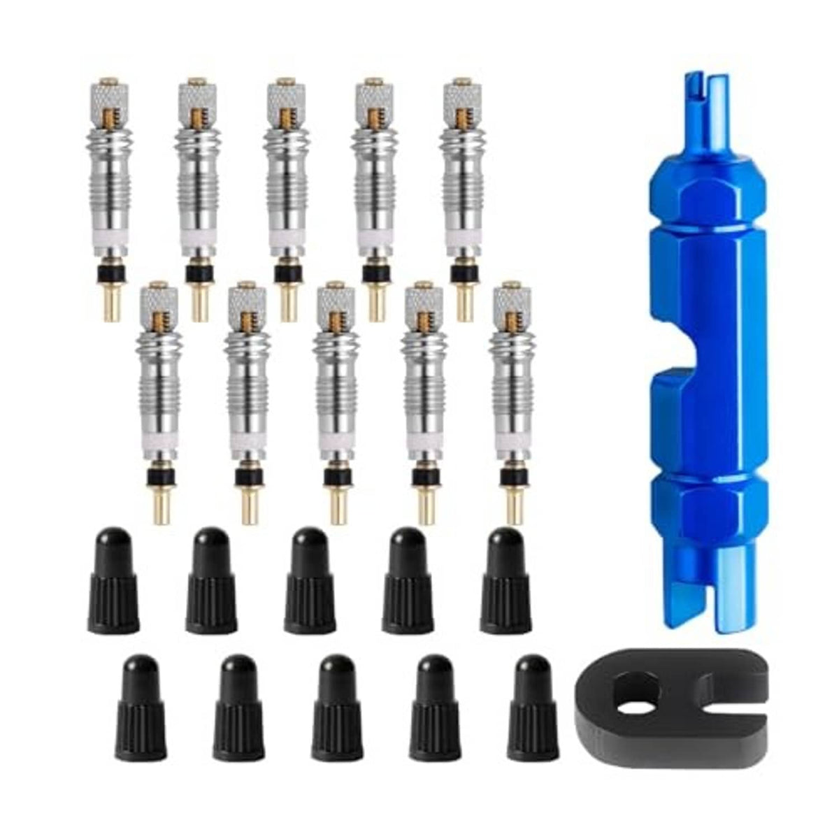 Alloy Presta valve cores set with black caps and blue valve core installation tool