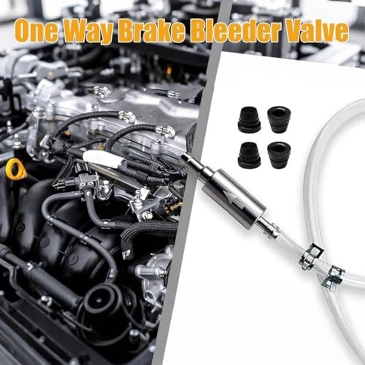 Brake bleeder one-way valve hose set with threaded fittings and small rubber caps