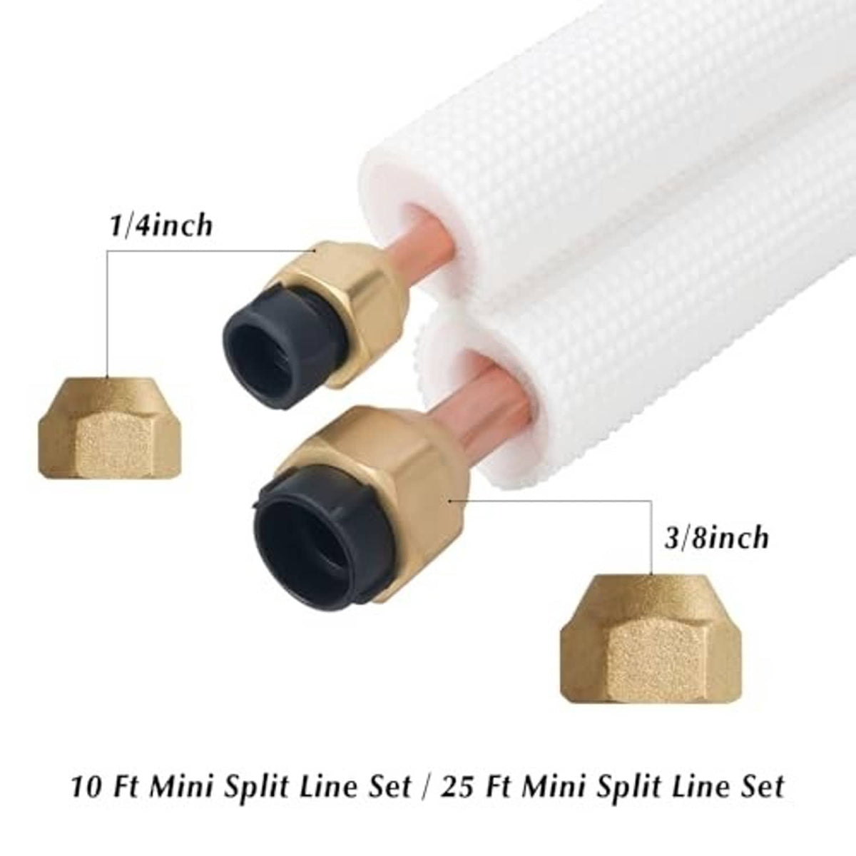 Mini split line set insulation ends showing 1/4 in and 3/8 in copper ports