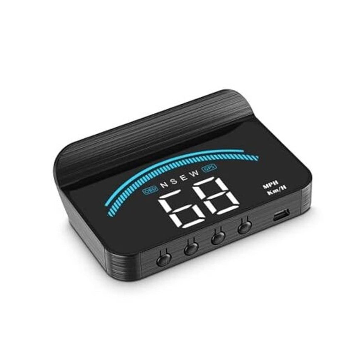 Car heads-up display with black housing and blue arc speed screen, front 3/4 view