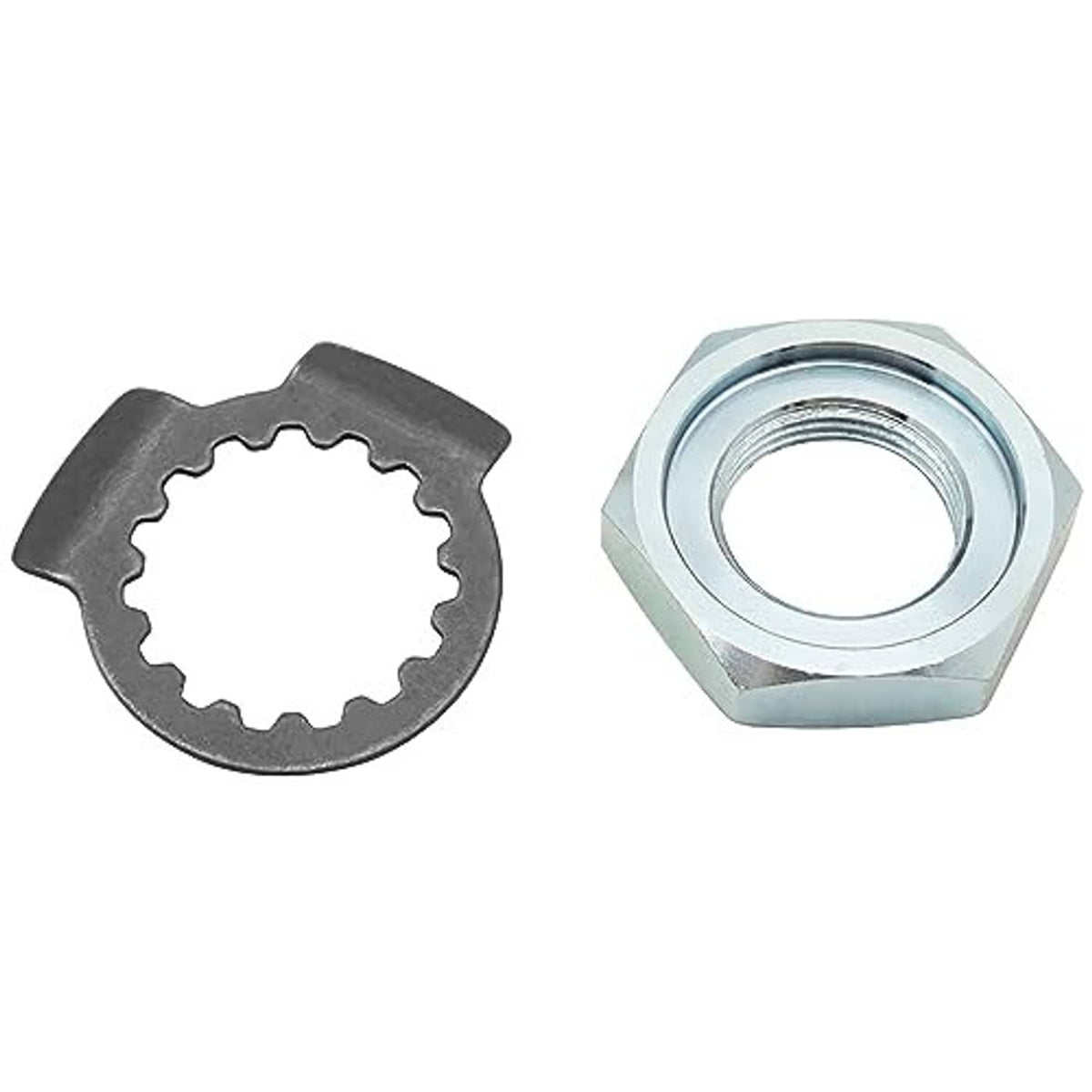 Front sprocket nut washer set: dark serrated washer with matching silver hex nut