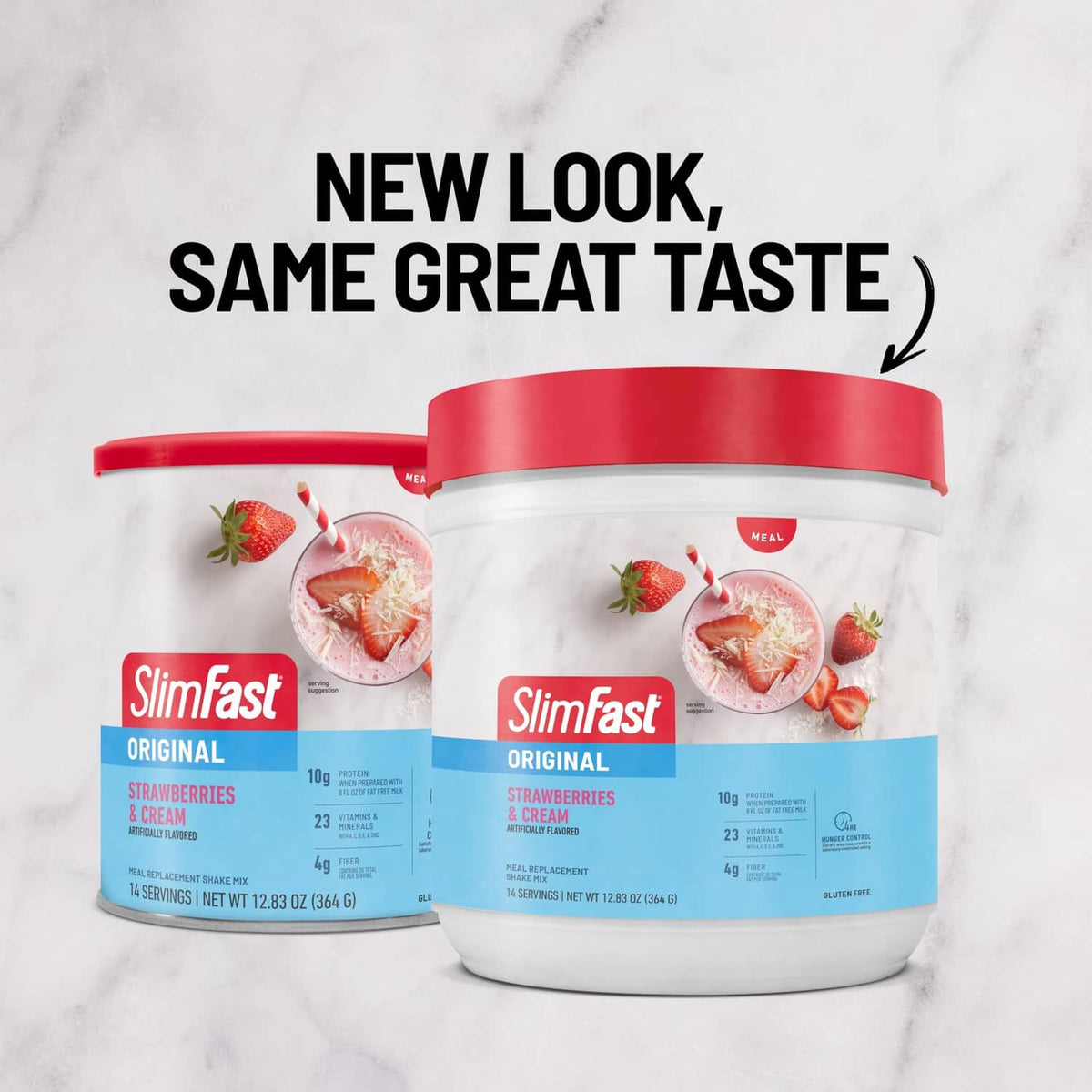 Slimfast meal replacement powder tubs, strawberries and cream, red caps