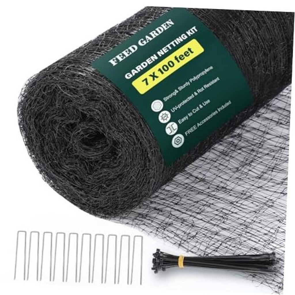 Black garden netting roll, 7 x 100 ft UV polypropylene mesh with green label