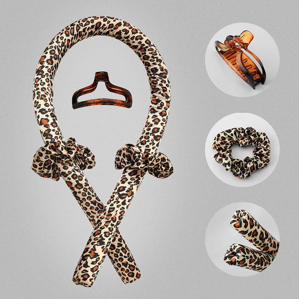 Leopard-print heatless curling rod headband with ribbon clip and styling circle icons