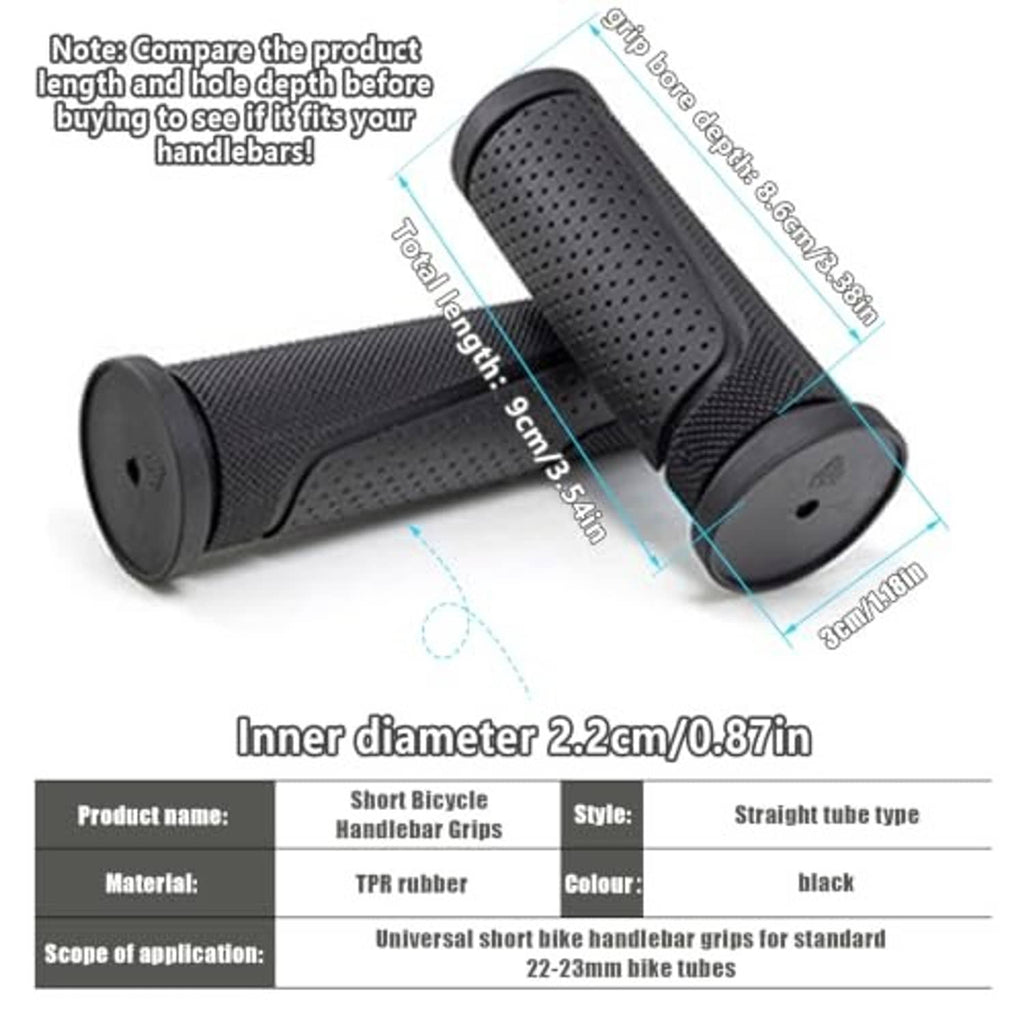 Black short bicycle handlebar grips with textured perforation pattern and rubber end caps