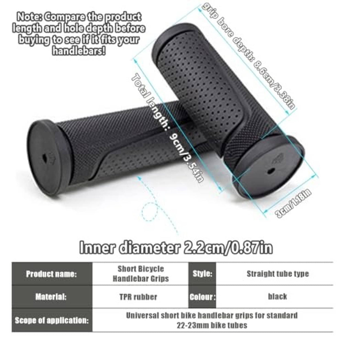 Black short bicycle handlebar grips with textured perforation pattern and rubber end caps