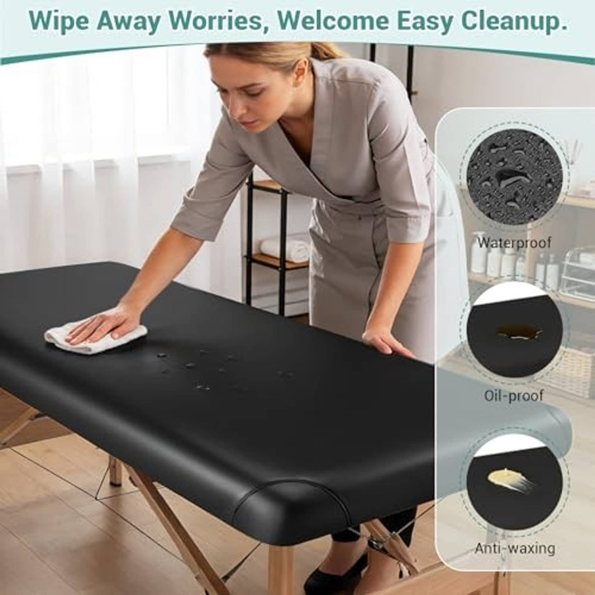 Black massage table cover protector on a wooden massage bed with smooth finish