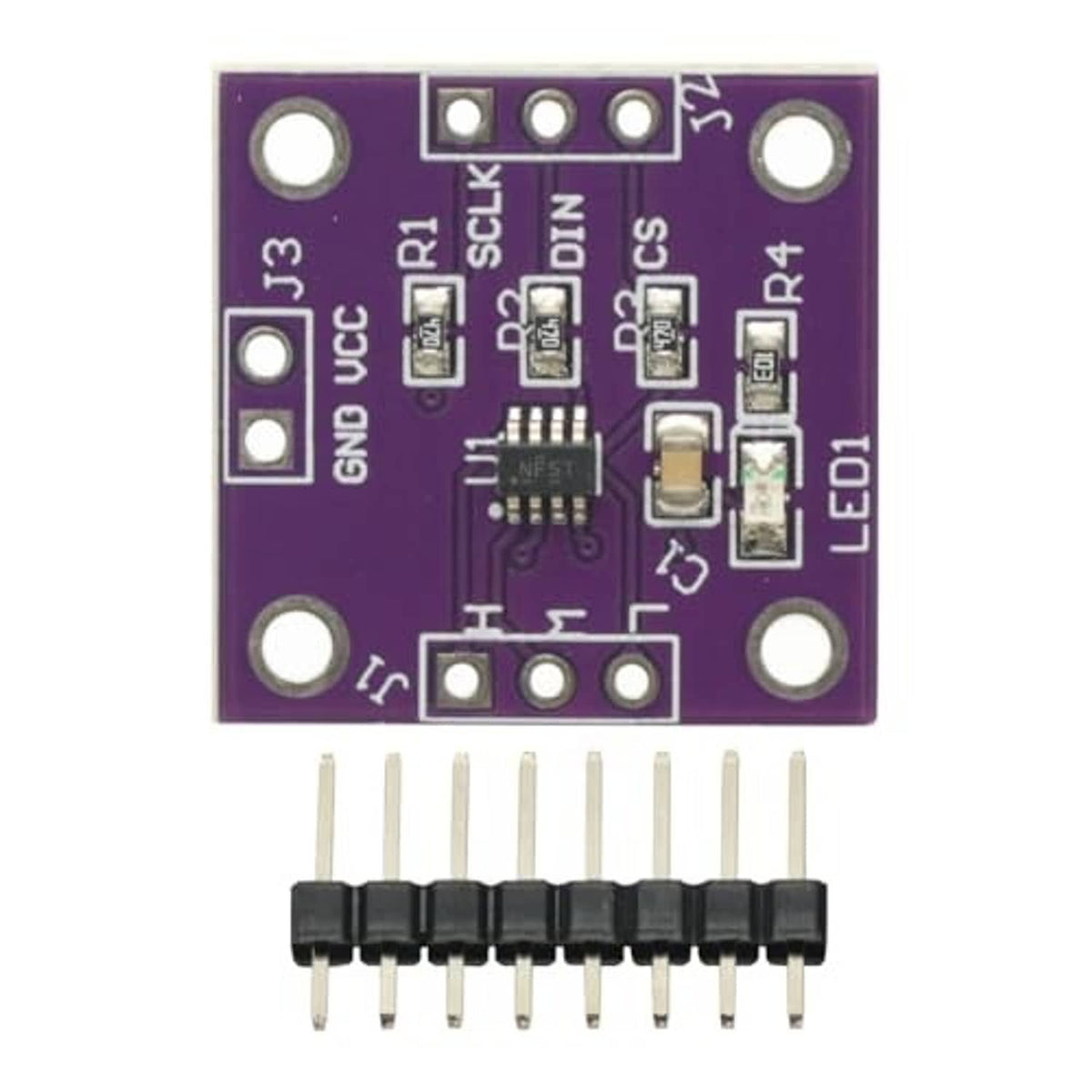 Digital potentiometer module close-up with purple PCB, 10-pin header, and component labels.