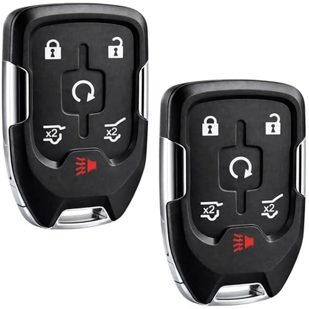 Two smart key fob remotes, black with lock/unlock, alarm, and x2 control icons
