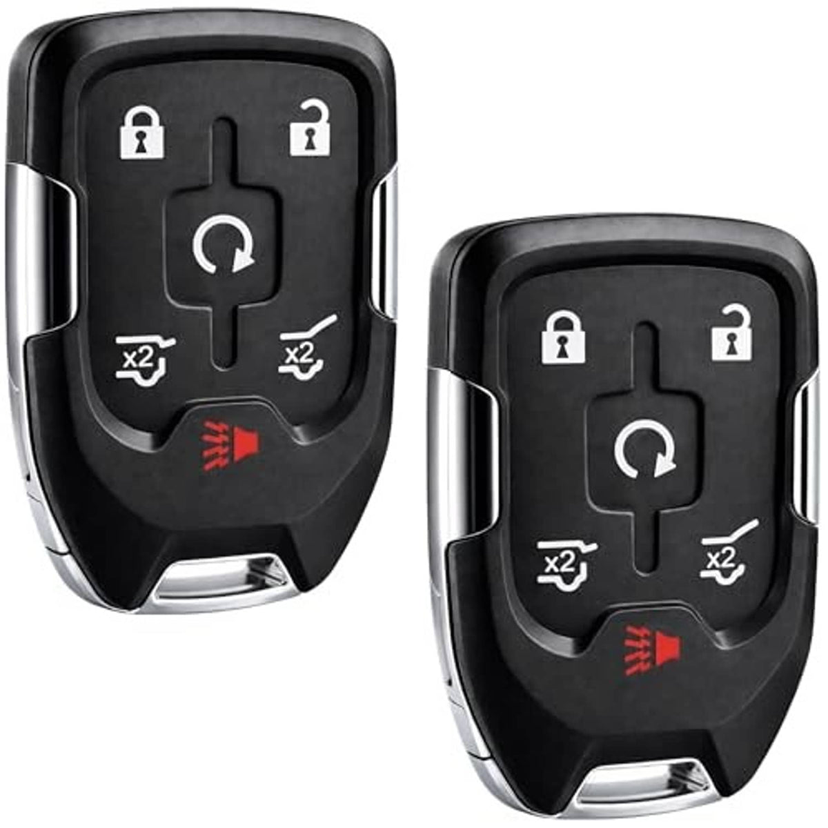 Two smart key fob remotes, black with lock/unlock, alarm, and x2 control icons