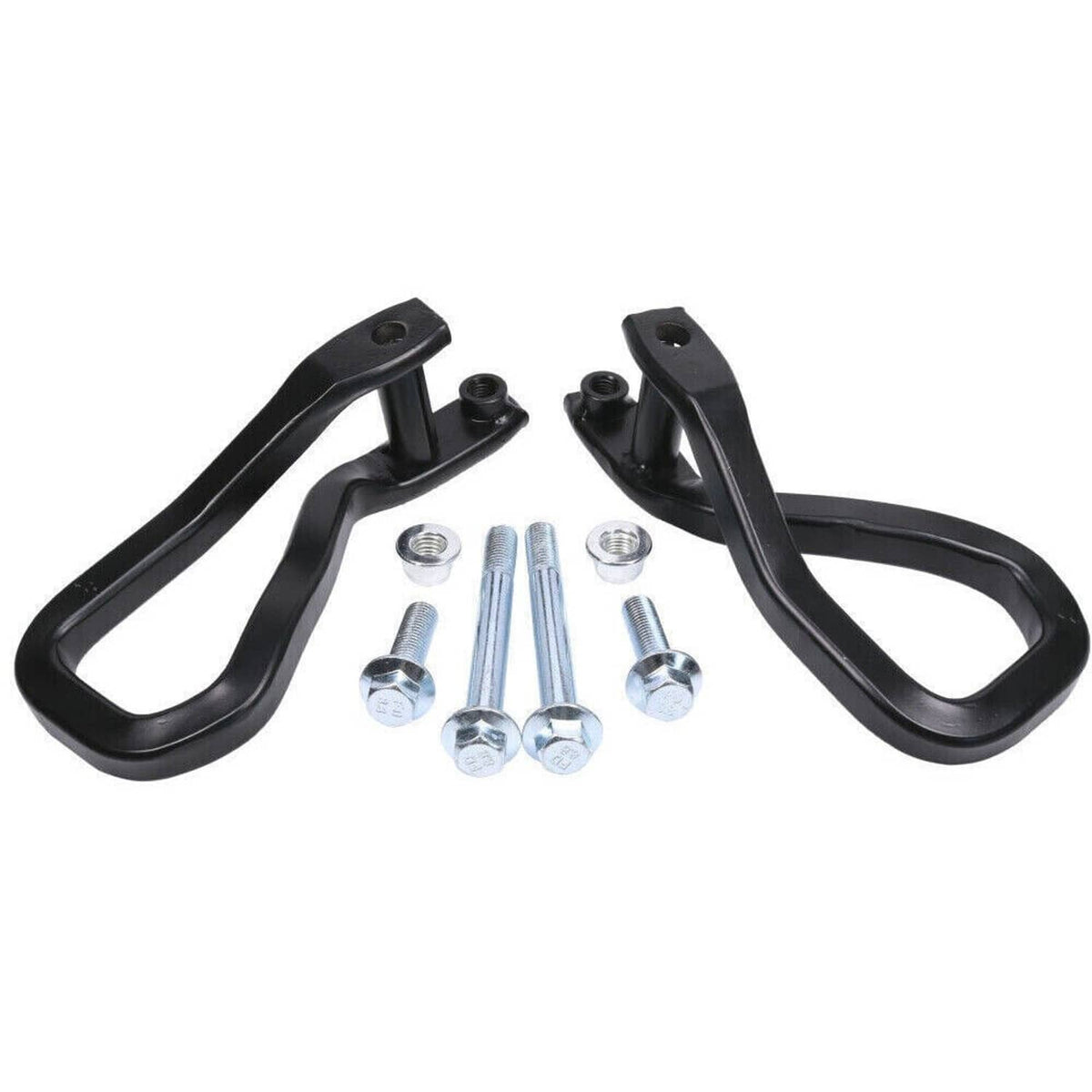 Black tow recovery hooks set with bolts and nuts shown in a bundled layout