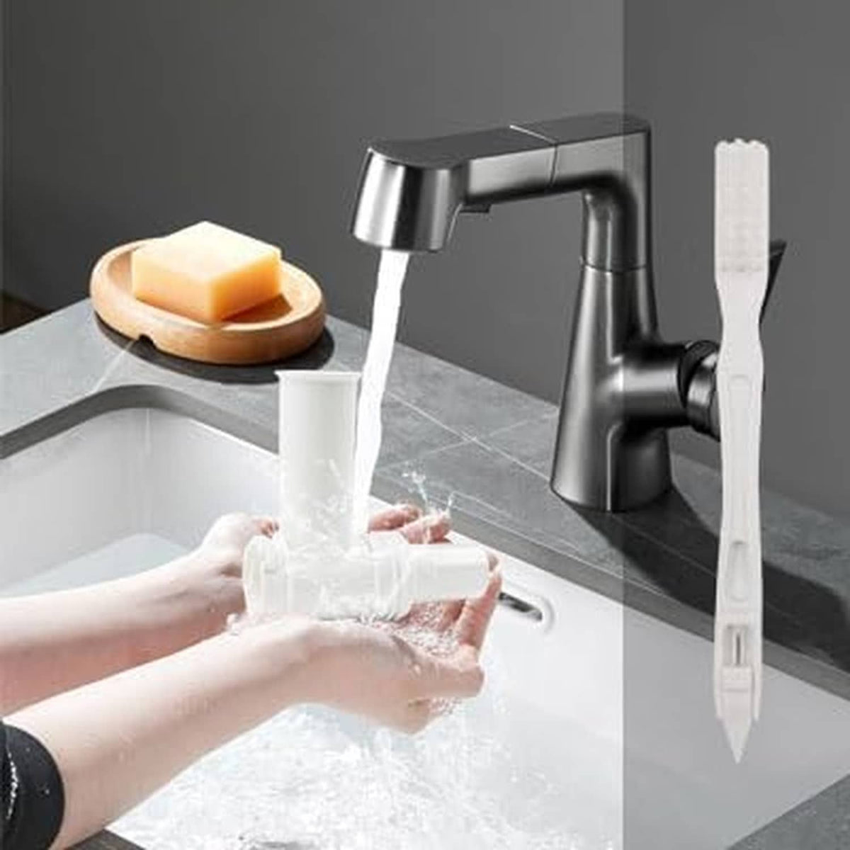 Pasta maker attachment with cleaning brush being rinsed under a kitchen sink faucet