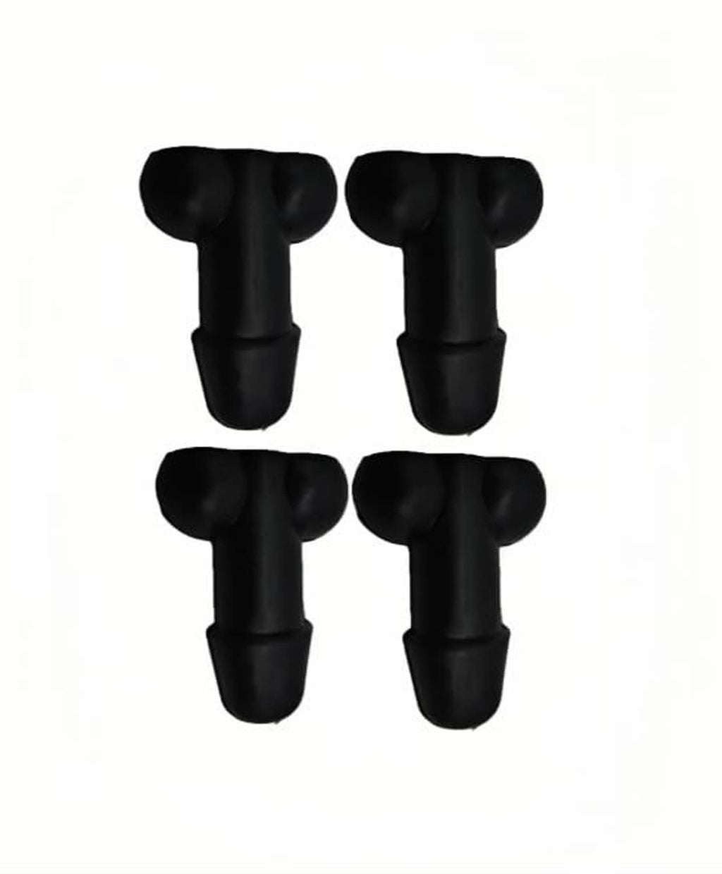 Set of four black valve stem caps with rounded tops and short rubber stems