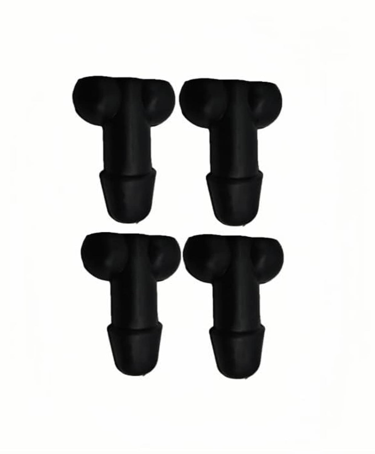 Set of four black valve stem caps with rounded tops and short rubber stems