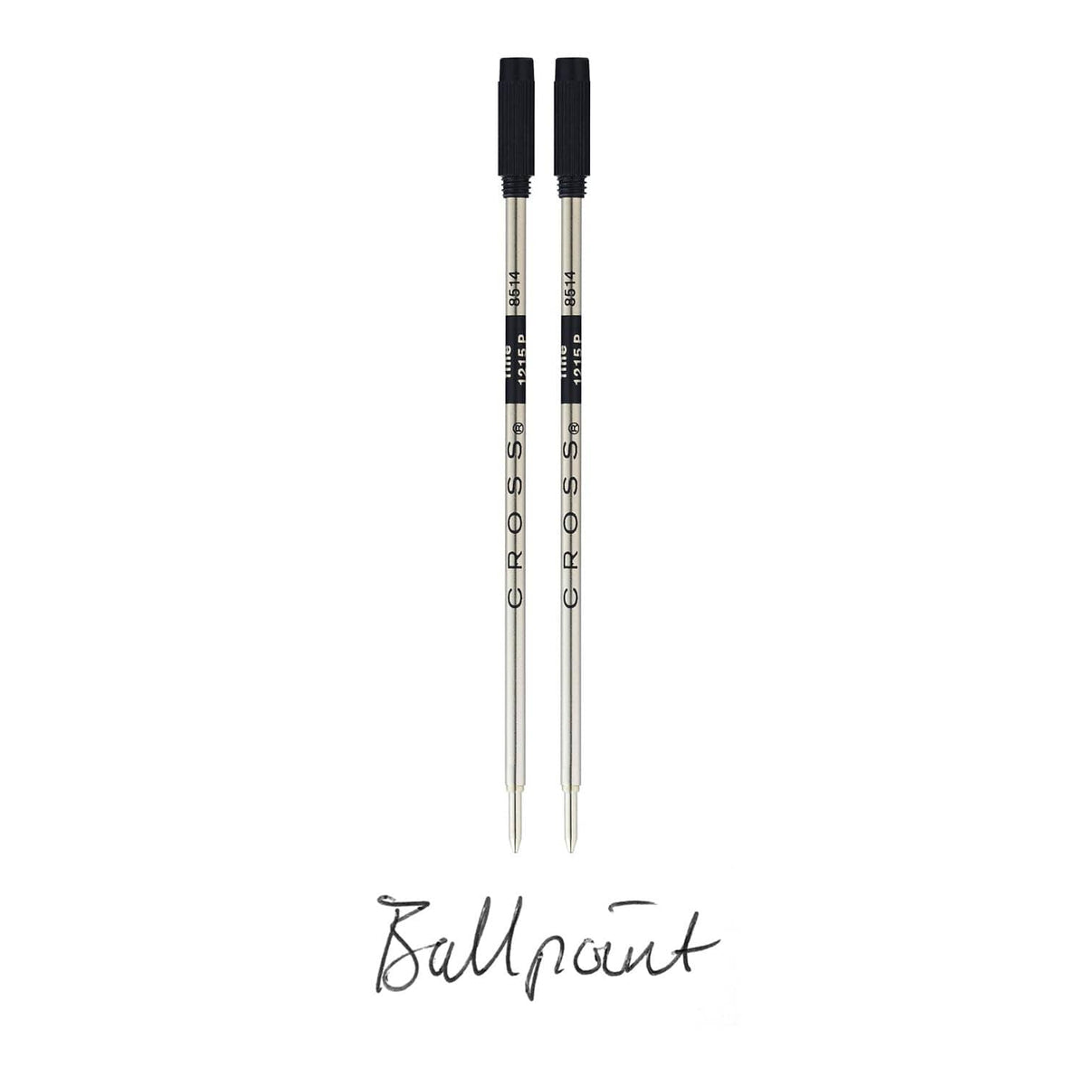 Cross ballpoint pen refill pair, black fine tips with silver barrels and black caps