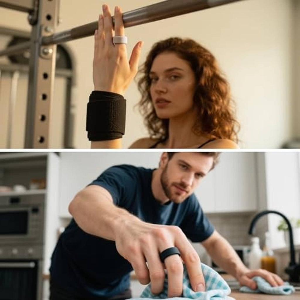 Finger wearing a slim ring cover during daily use, shown in workout and home scenes.