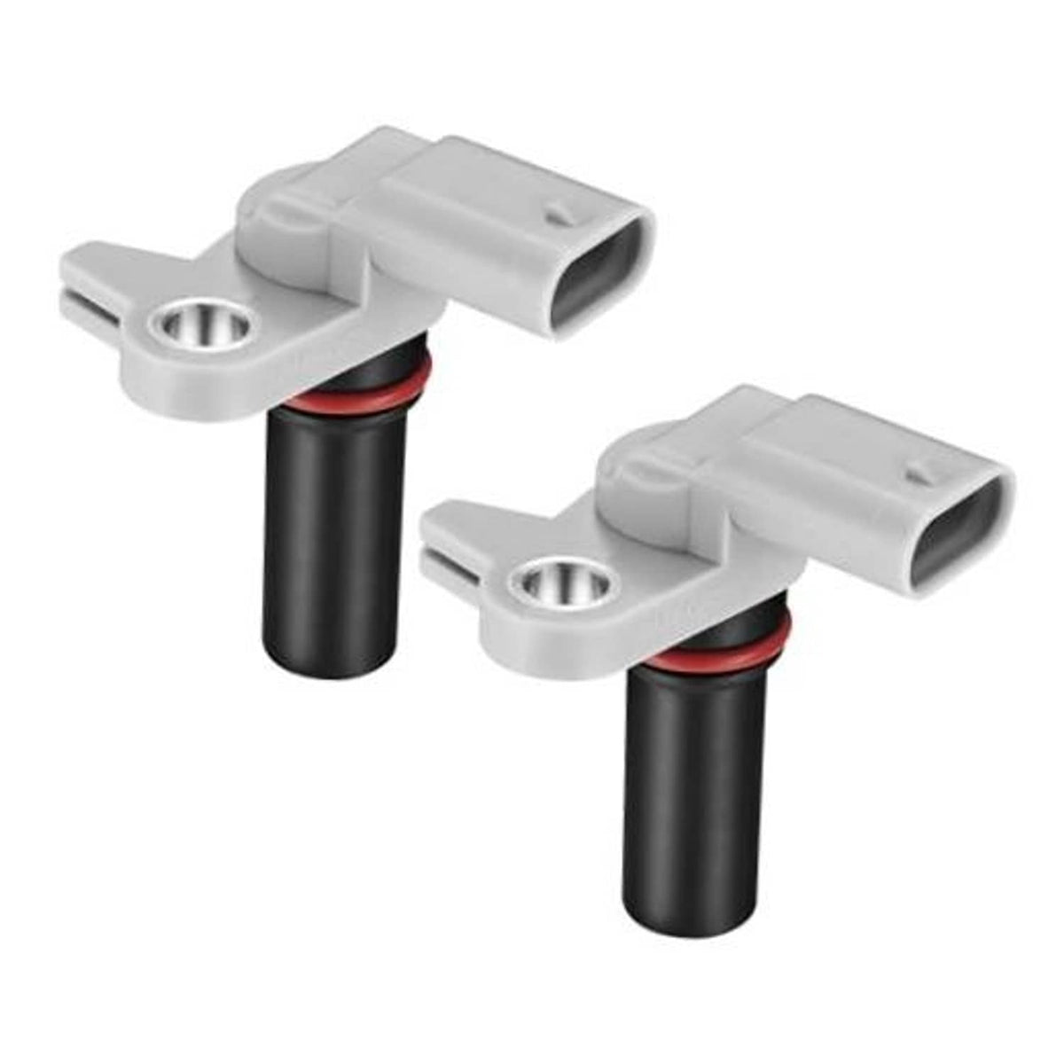 Two camshaft position sensors with gray connector, red seal, and black cylindrical body