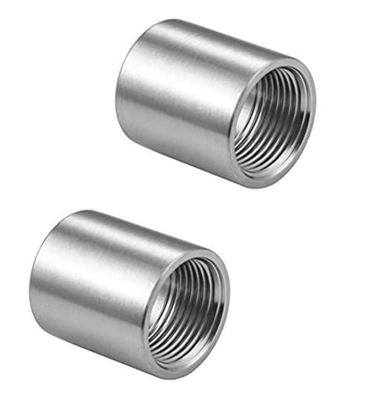 Stainless steel pipe coupling with female threads and cylindrical shell