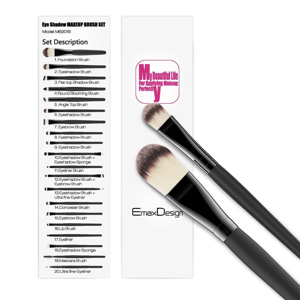 Makeup brush set package with black-handled brushes and one large fan brush