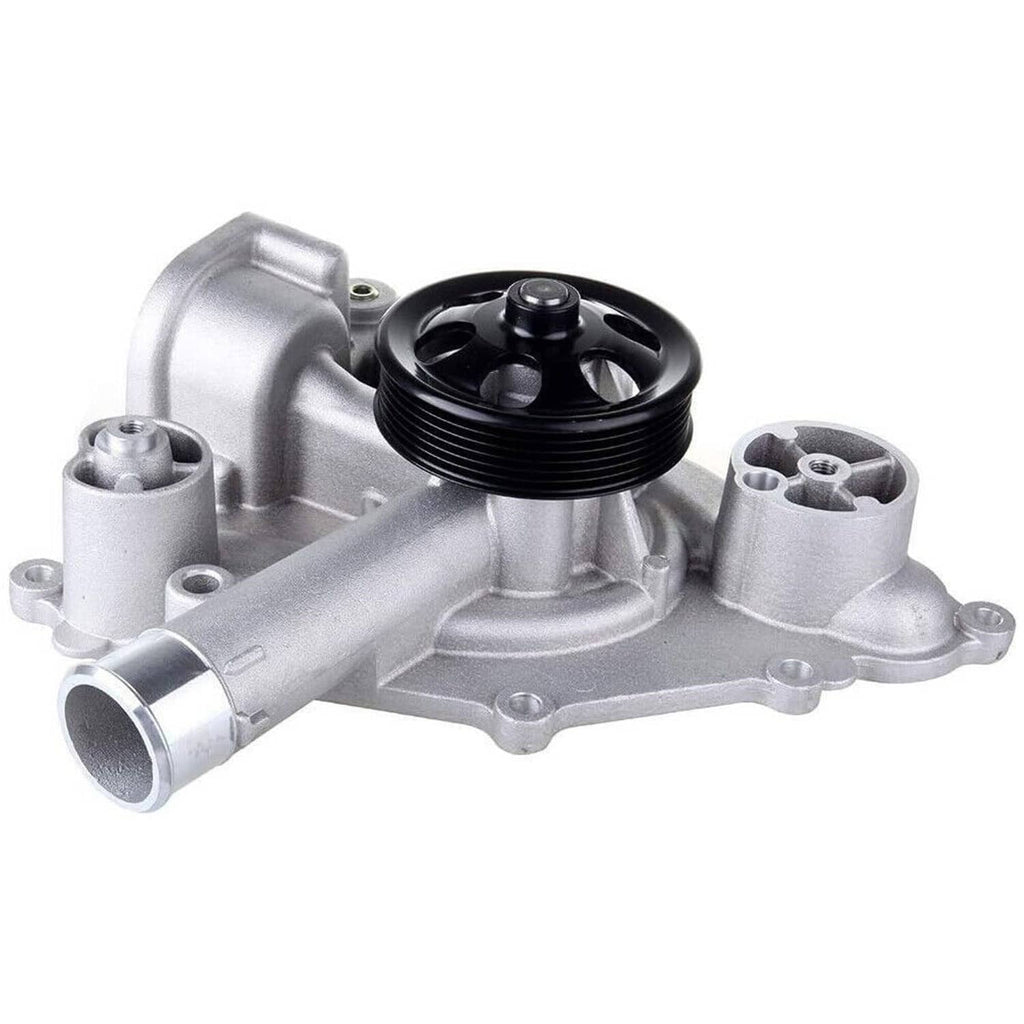 Water pump with sensor, silver metal body with black pulley and side outlets