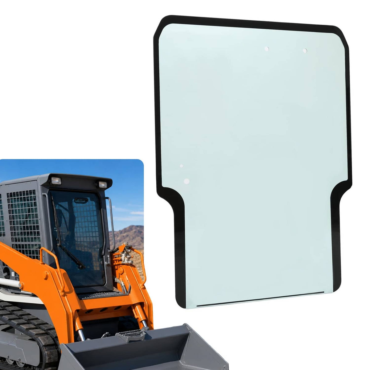 Front door window glass panel with black frame, light blue-tinted rectangular shape