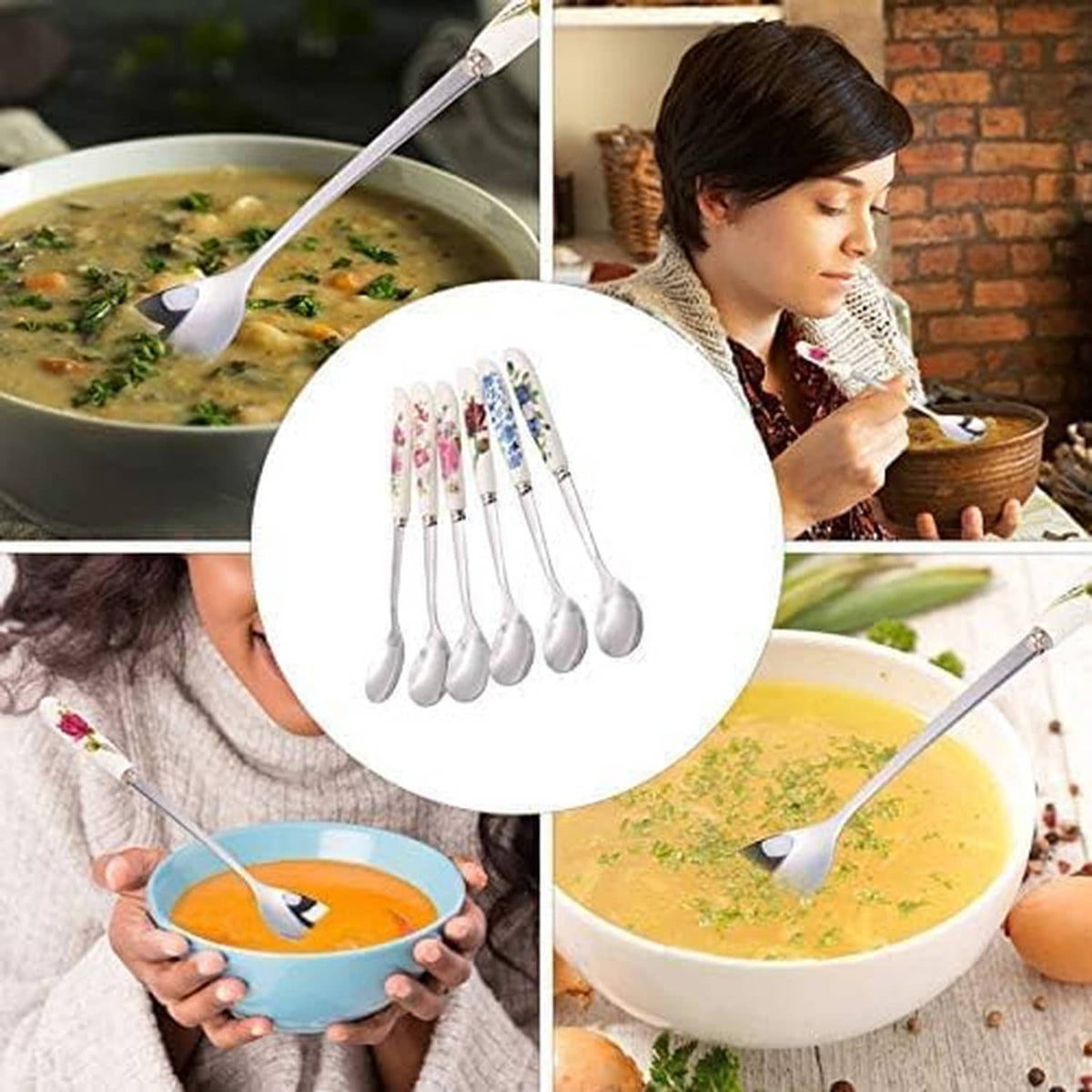 Ceramic-handled stainless steel teaspoons with floral stems for serving and stirring