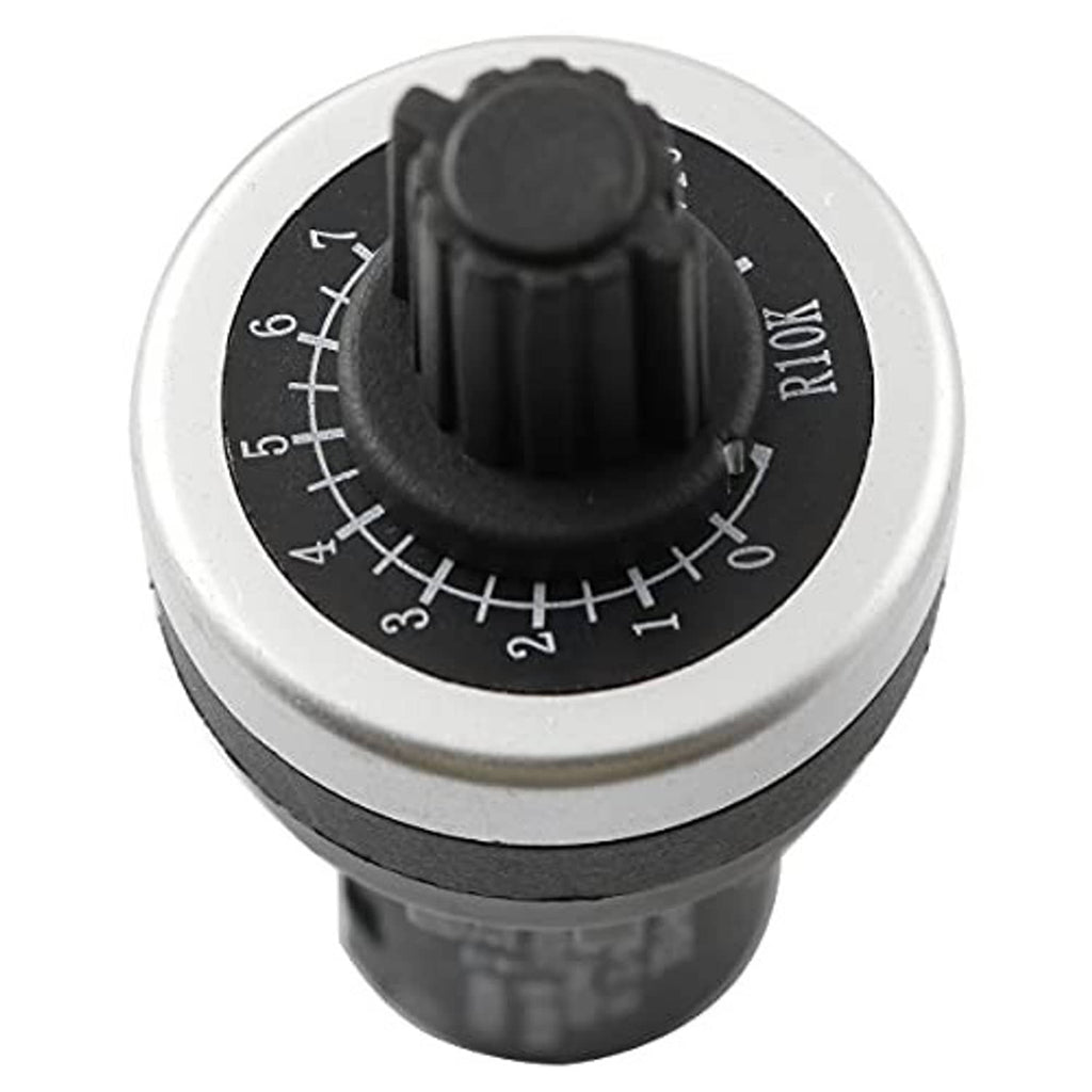 Rotary potentiometer top dial with numbered scale markings and black adjustment knob