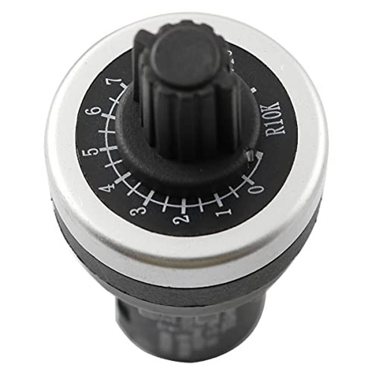 Rotary potentiometer top dial with numbered scale markings and black adjustment knob
