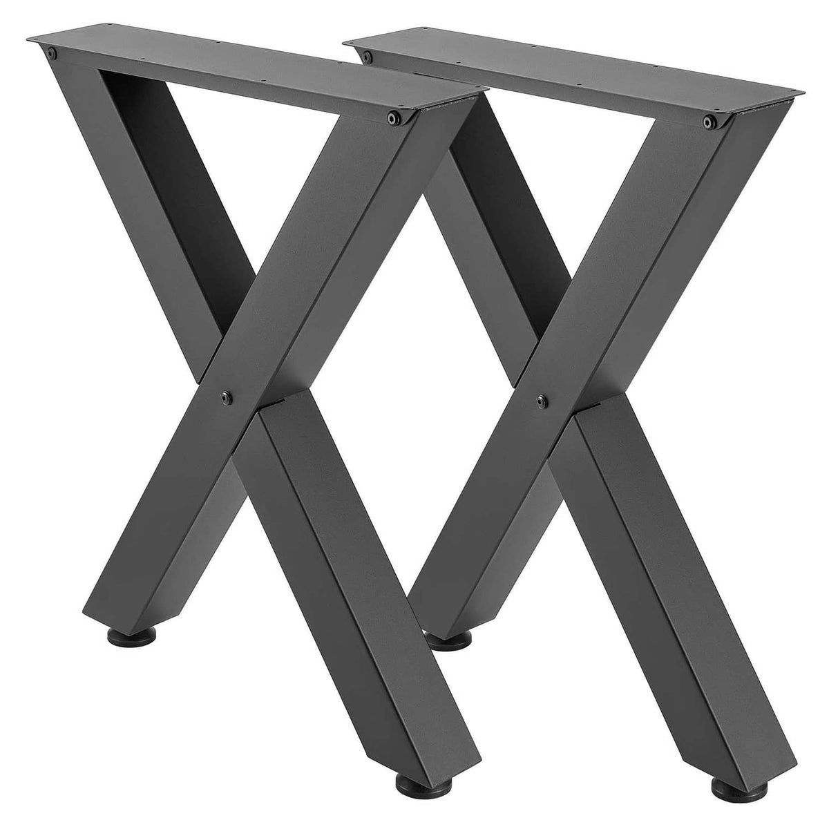 Pair of black X-frame steel table legs with rubber feet, angled front view.