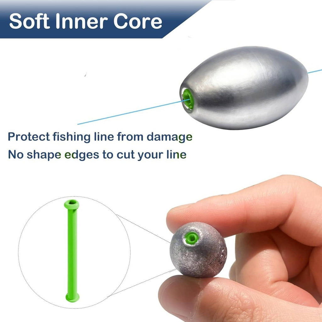 Egg fishing sinker weight with soft inner core, gray metal oval and green line loop