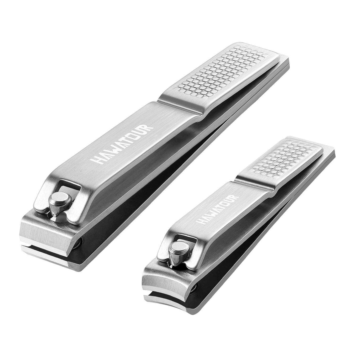Silver nail clipper set with textured grip and built-in nail file