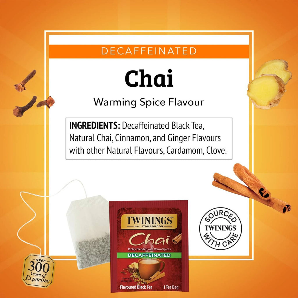 Chai decaffeinated tea product panel with ingredients and tea bag graphic