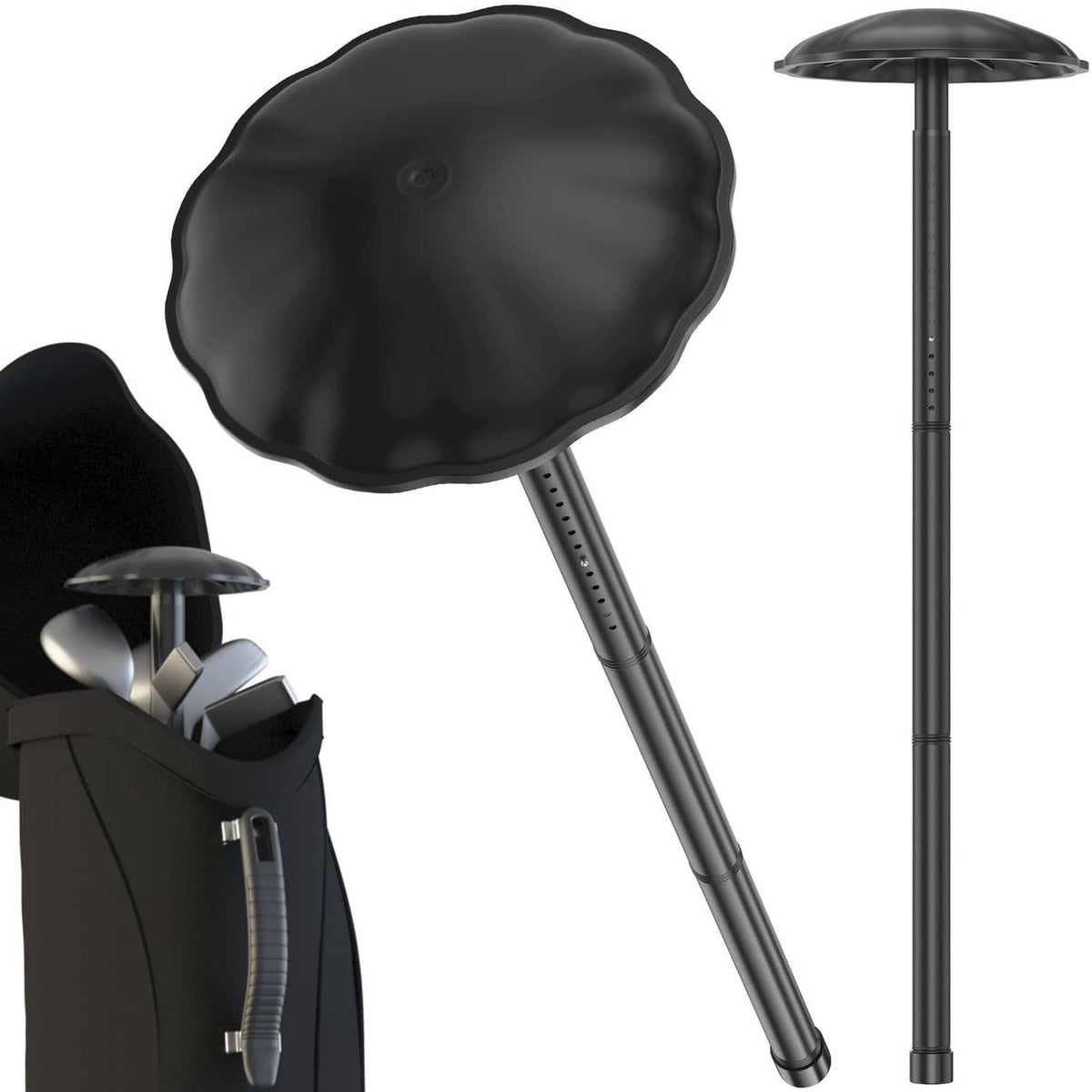 Black golf travel bag support pole with round blossom cap and base