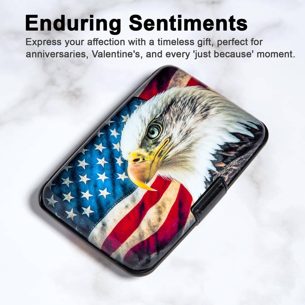 Closed card holder with bald eagle and American flag print, black latch visible
