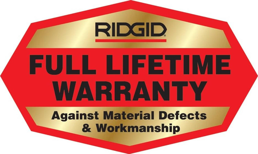 RIDGID Full Lifetime Warranty badge: against material defects & workmanship