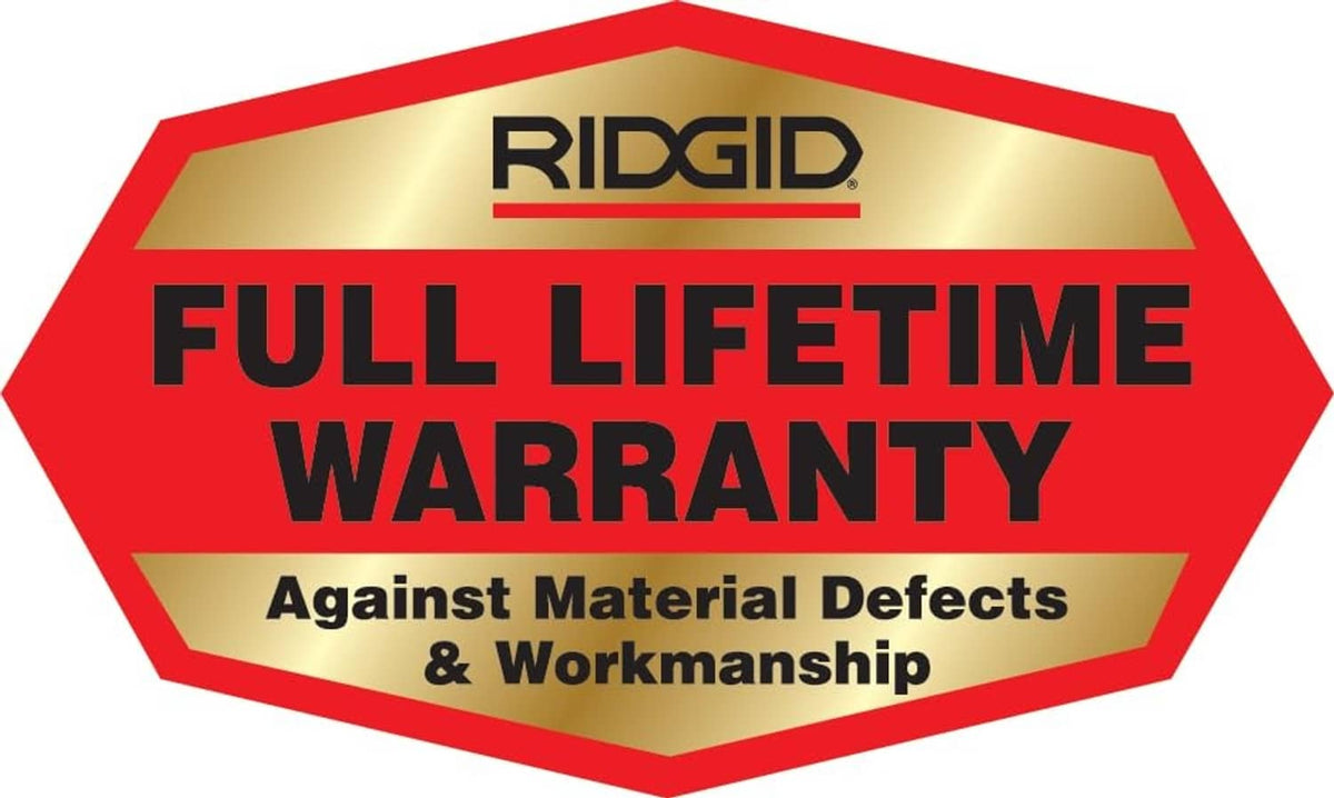 RIDGID Full Lifetime Warranty badge: against material defects & workmanship