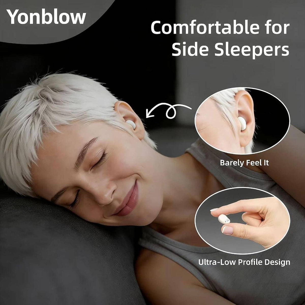 Ultra-low profile earbuds for side sleeping on a person resting on a pillow