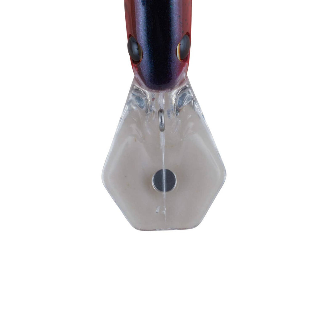 Fishing crankbait belly view with clear lip and silver-white body