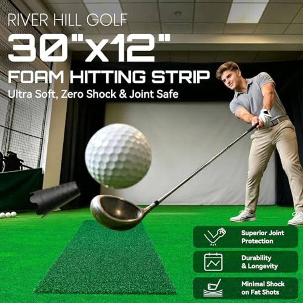 Green golf hitting strip with black base layer for indoor practice